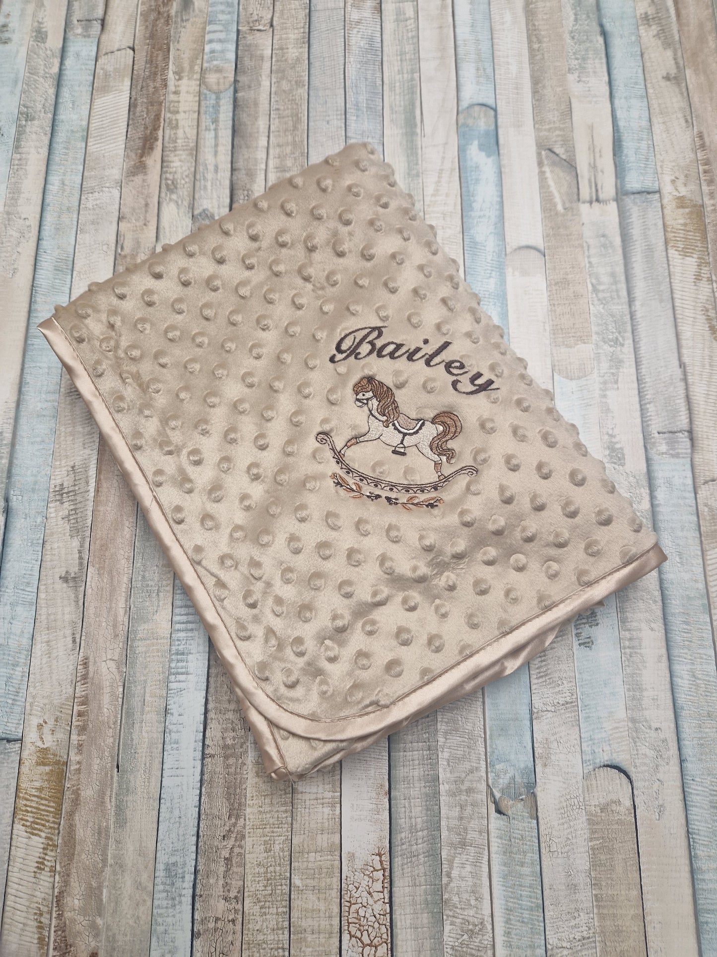 Personalised Beige Soft Dimple Wrap/Blanket With Rocking Horse Design