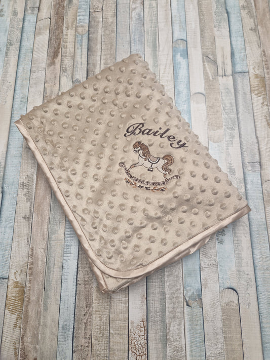 Personalised Beige Soft Dimple Wrap/Blanket With Rocking Horse Design