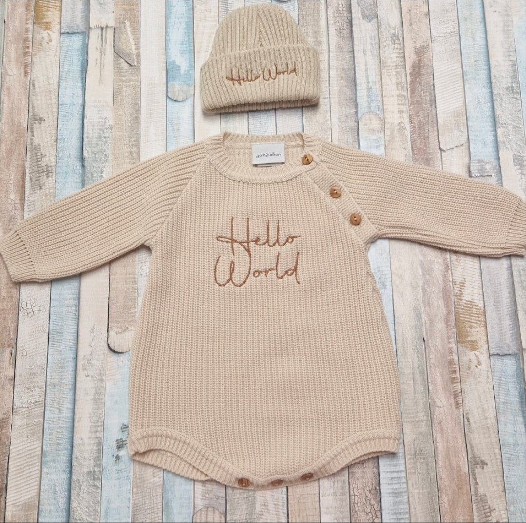 Unisex Baby Beige Knitted Hello World Romper And Beanie Hat