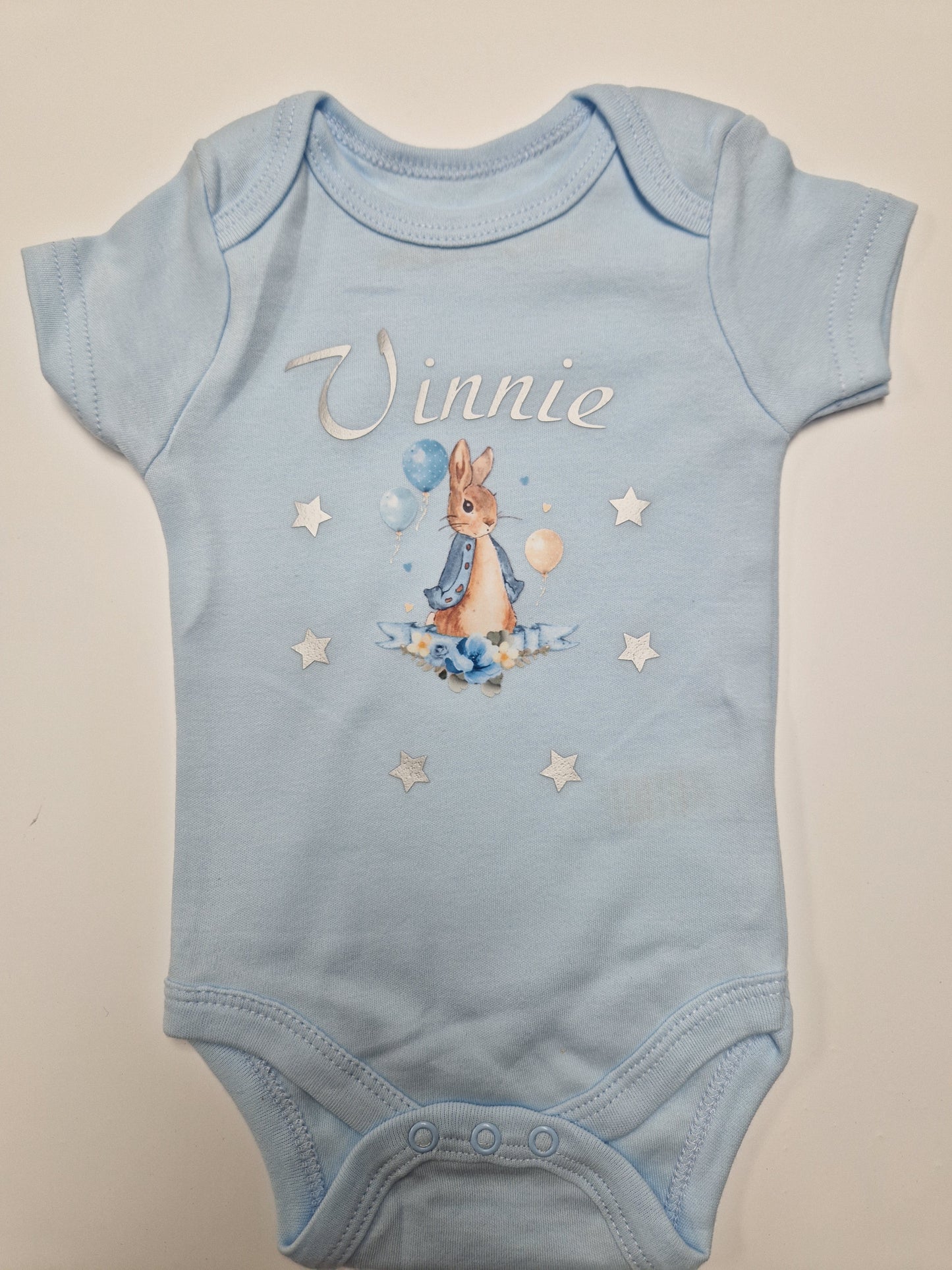Baby Boys Personalised Blue Printed Rabbit And Stars Vest
