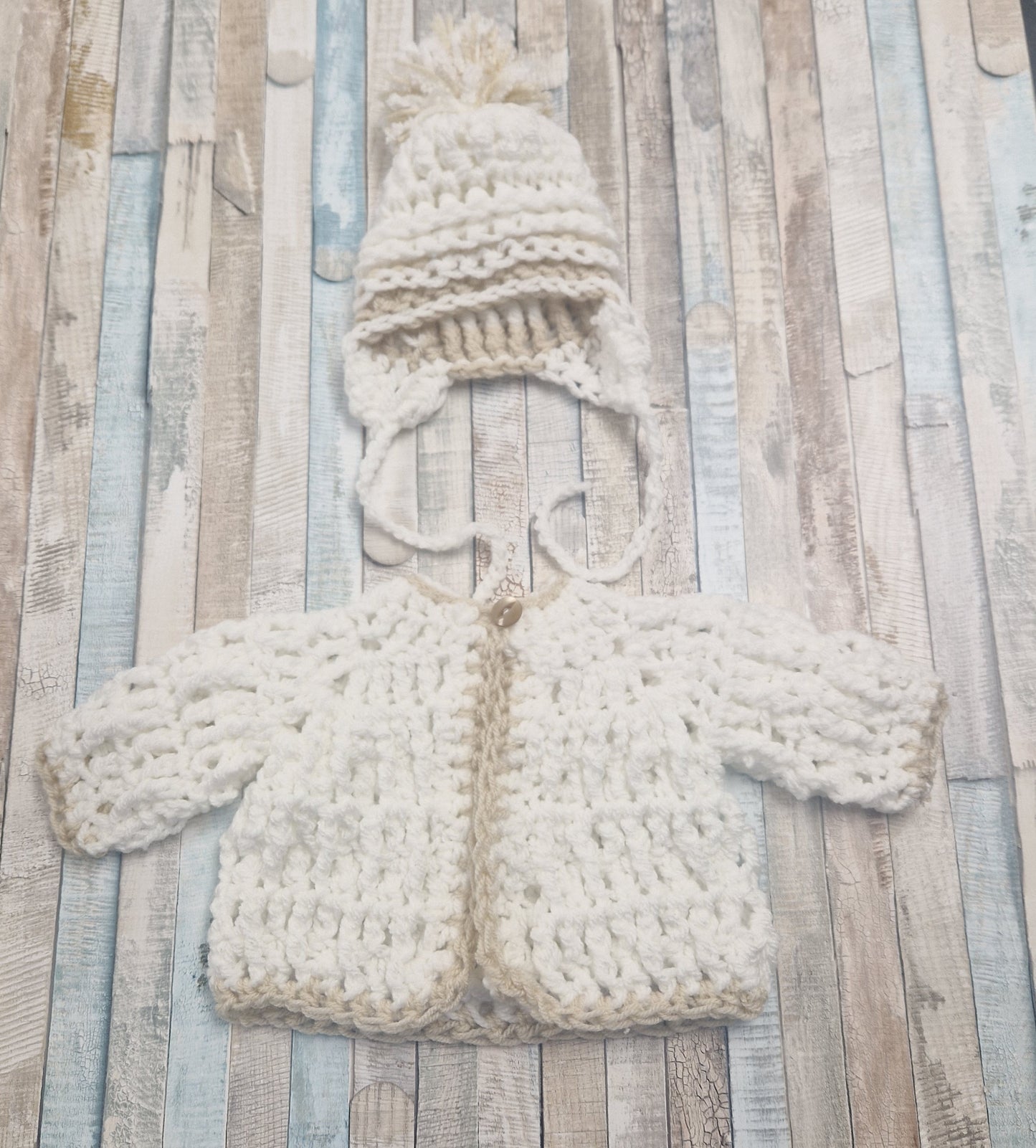 Baby Boys White And Beige Fluffy Crochet Cardigan And Pom Pom Hat