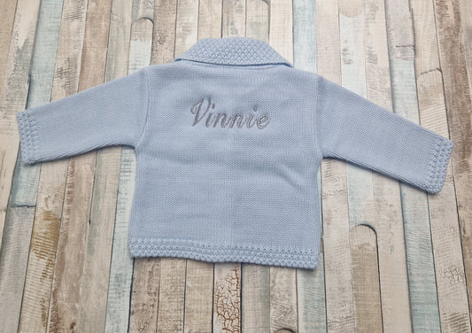 Personalised Blue Baby Boys Cardigan With Collar