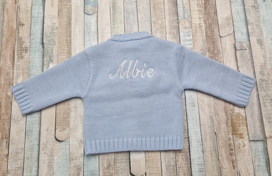 Personalised Baby Boys V Neck Cable Knit Blue Cardigan