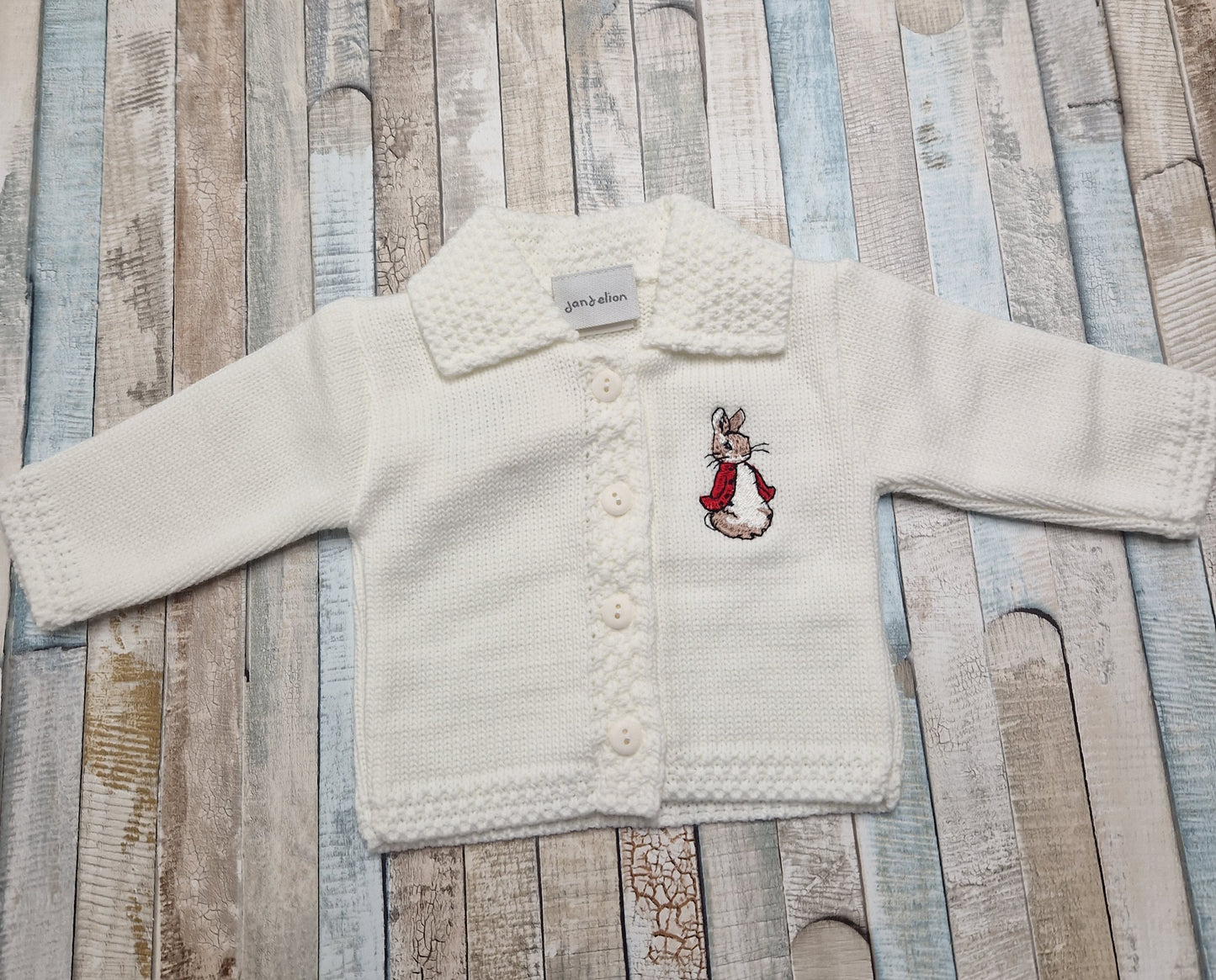 Baby White Unisex Cardigan With Collar And Embroidered Red Rabbit