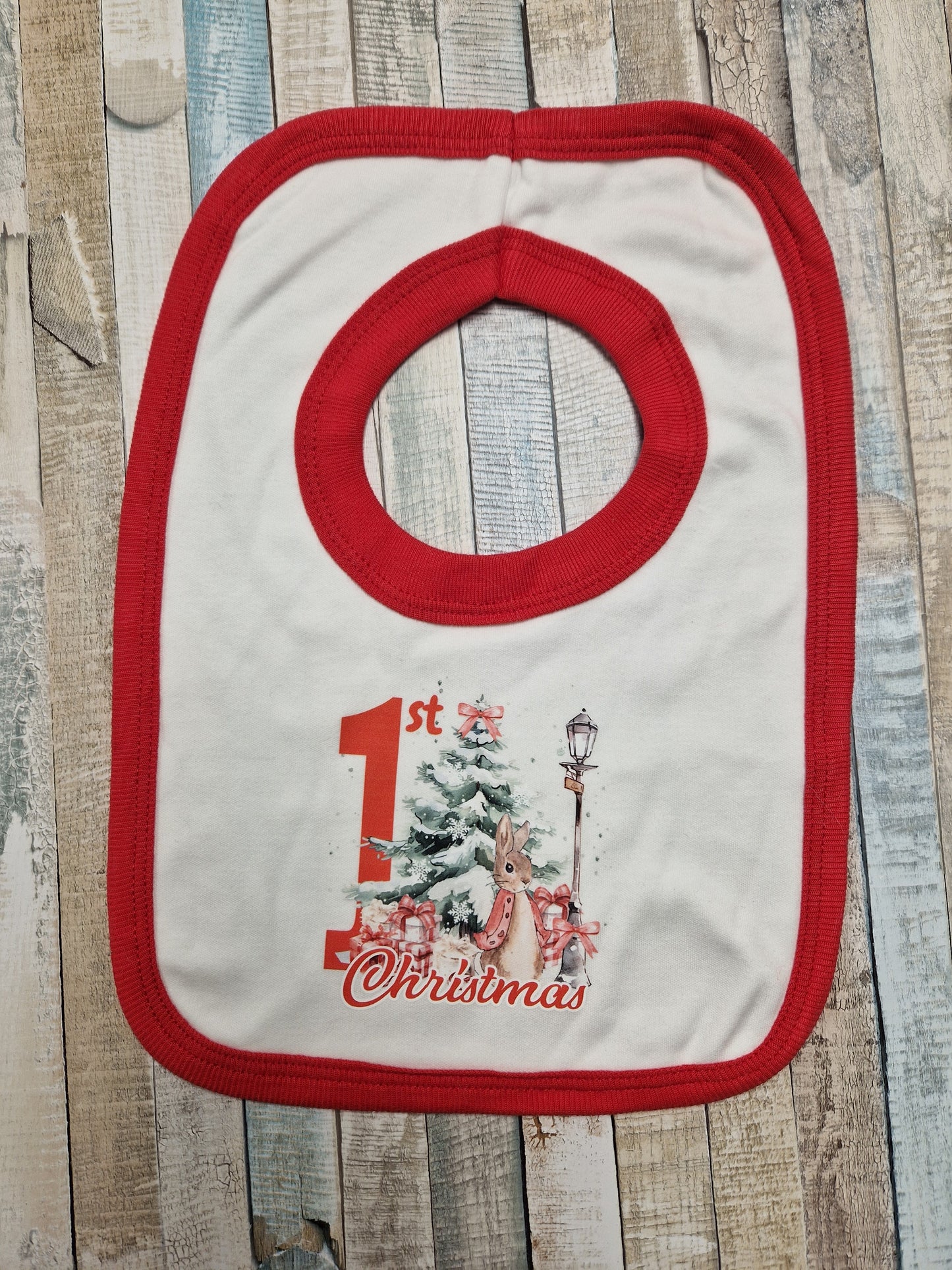 Unisex Red Rabbit Christmas Bib With Red Trim