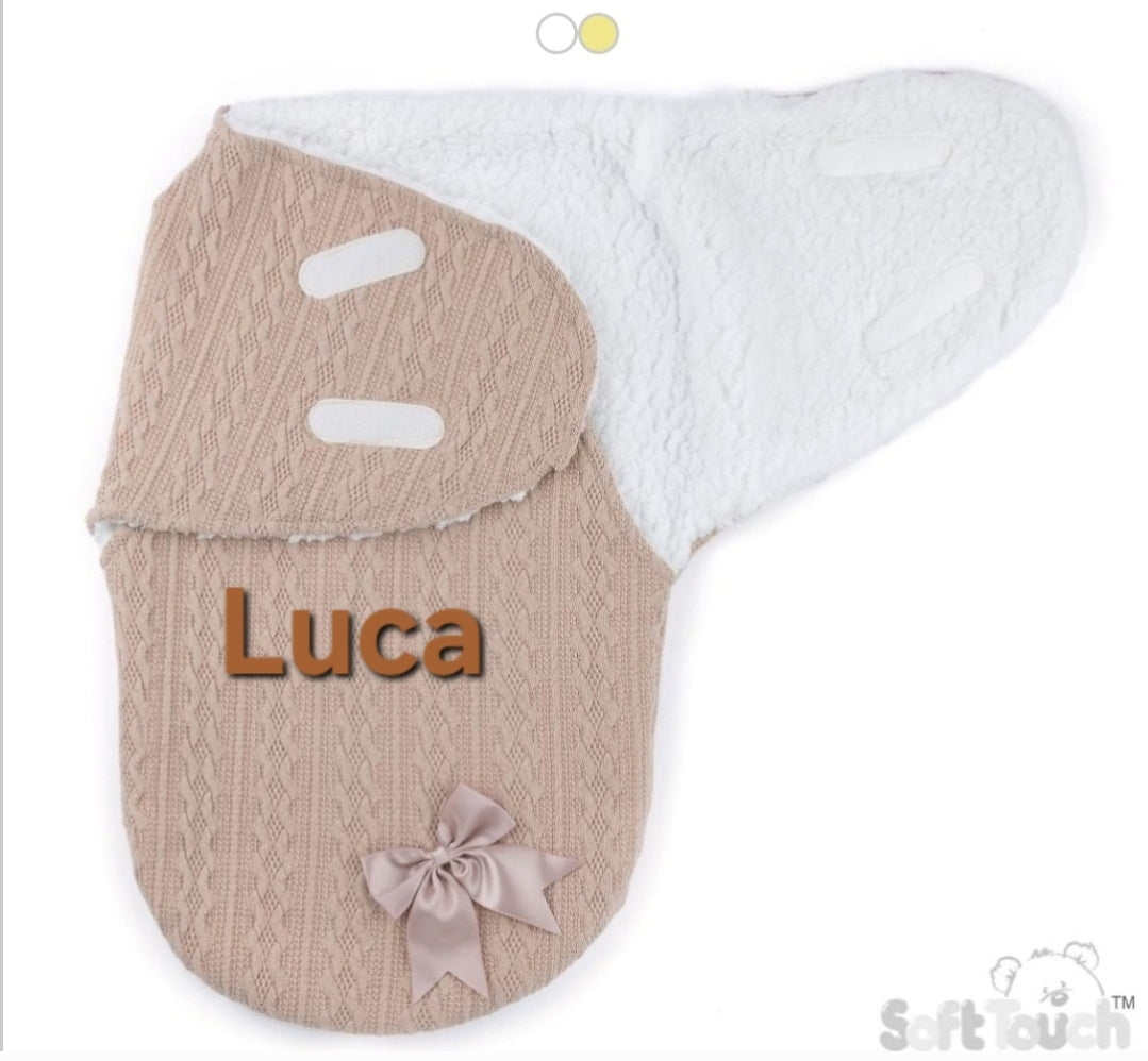 Personalised Unisex Baby Beige New Cable Style Swaddle With Satin Bow