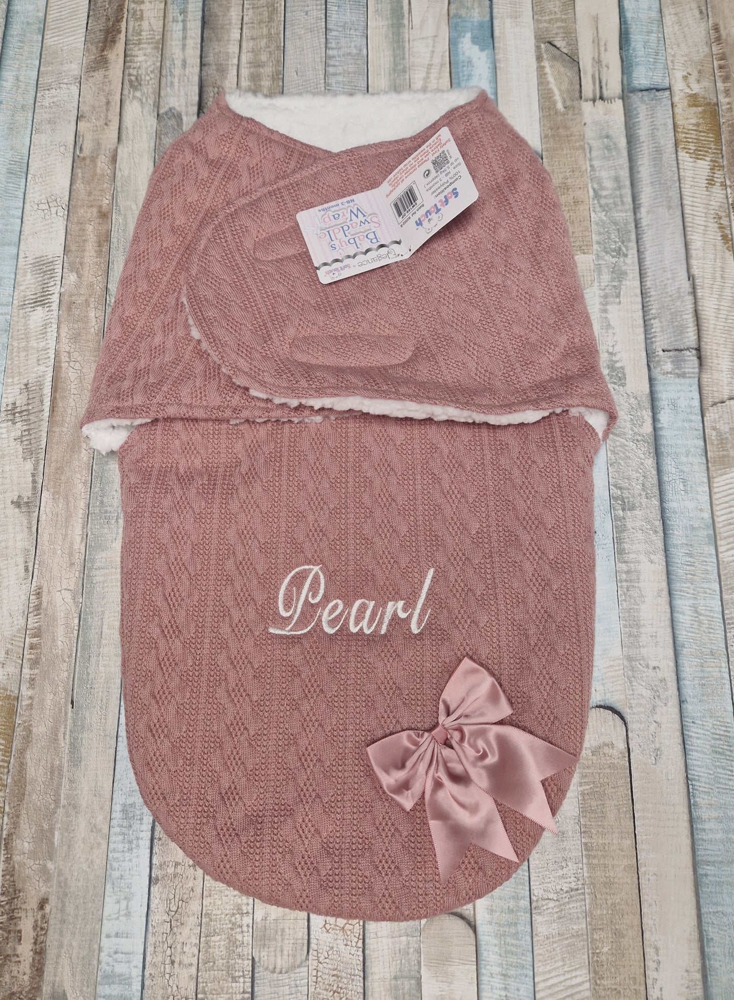 Personalised Baby Girls Dusky Pink New Cable Style Swaddle With Satin Bow