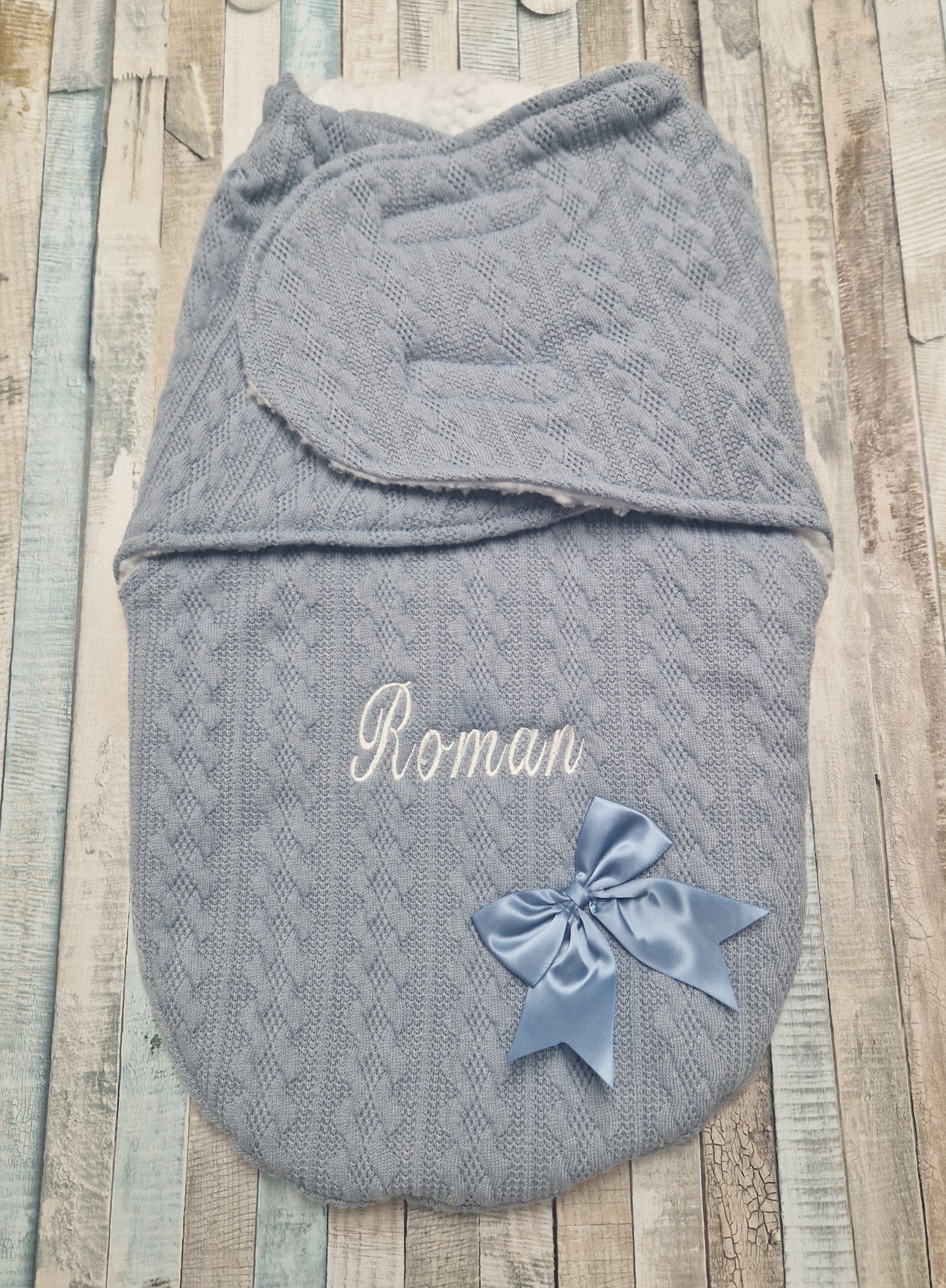 Personalised Baby Boys Dusky Blue New Cable Style Swaddle With Satin Bow