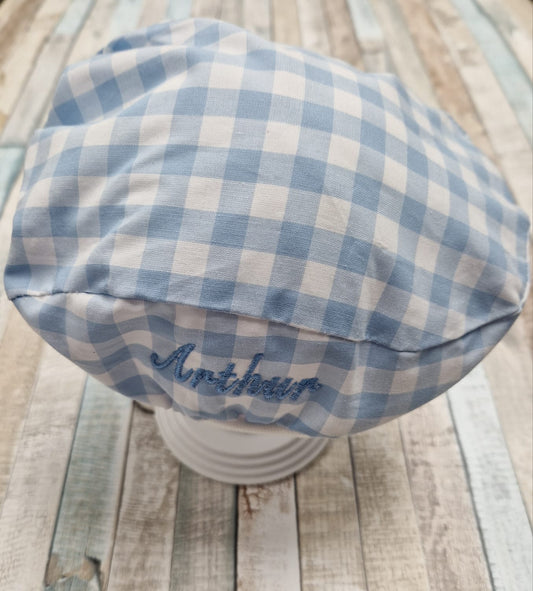 Personalised Baby Boys Blue And White Checked Flat Cap