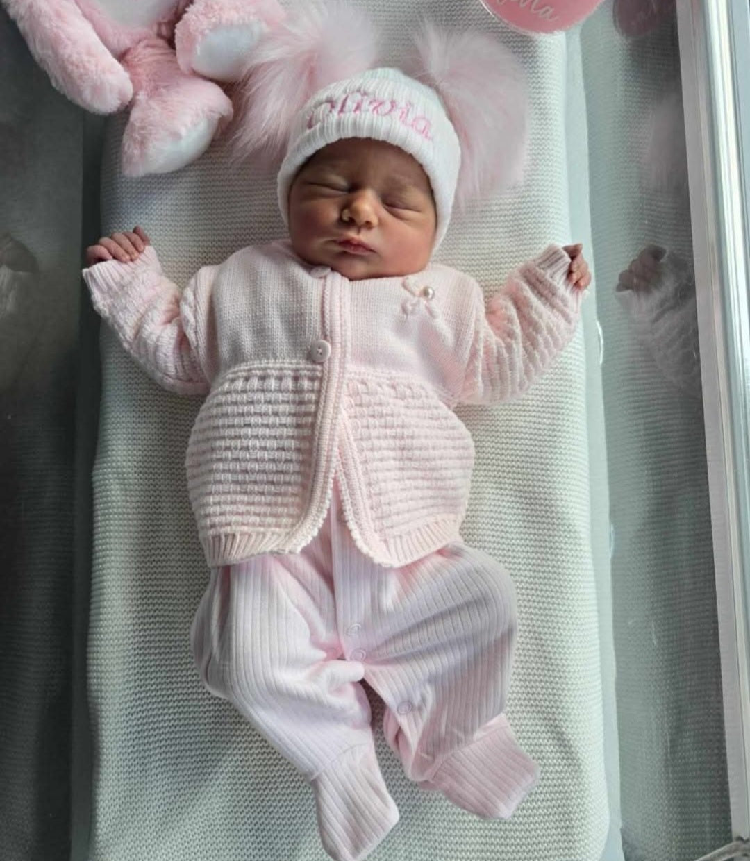 Personalised Baby White Knitted Double Pink Fluffy Faux Fur Pom Hat