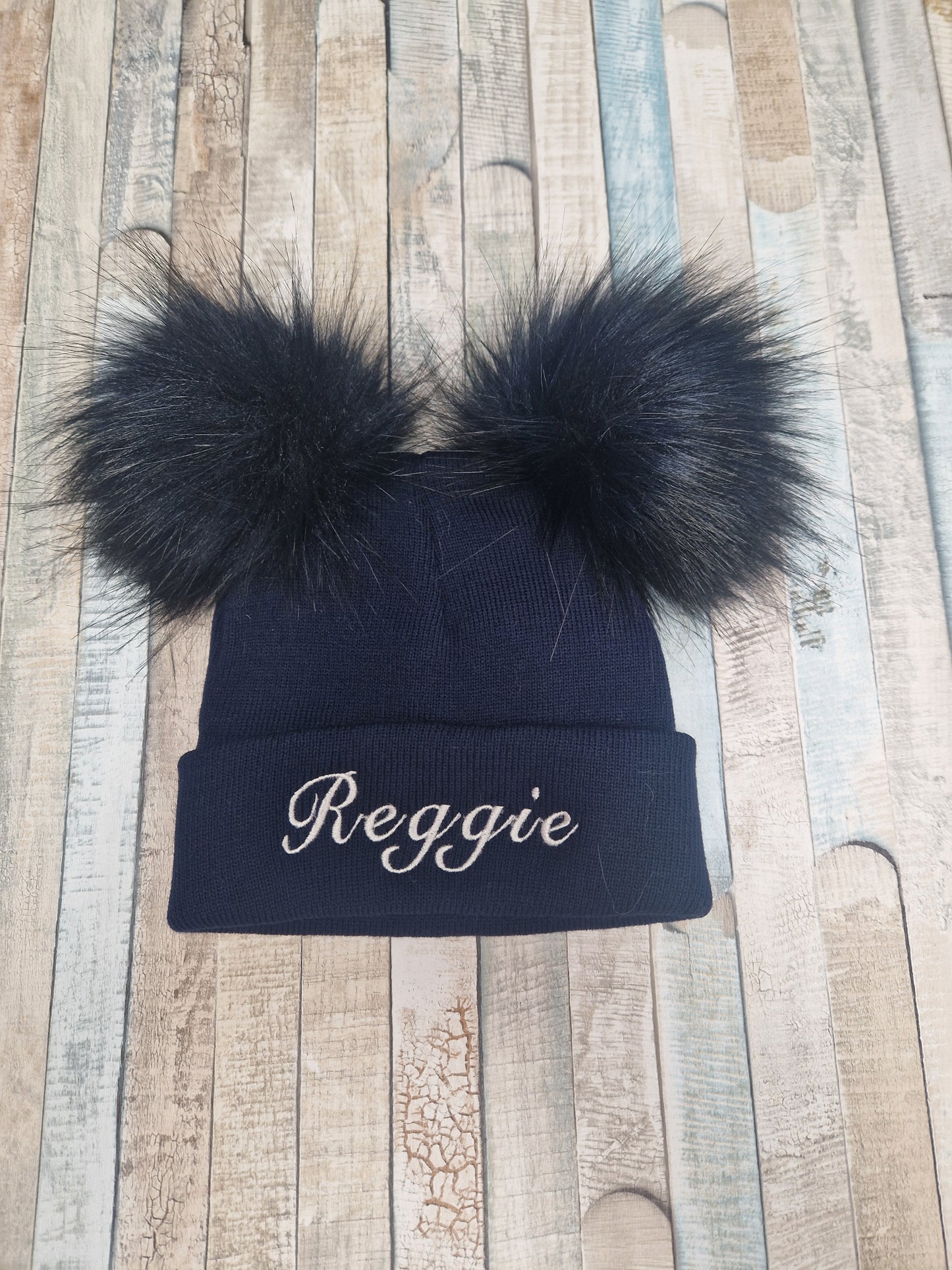 Personalised Baby Navy Knitted Double Navy Fluffy Faux Fur Pom Hat