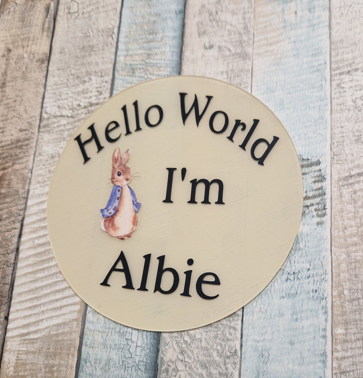 Personalised Hello World Blue Rabbit Announcement Disc