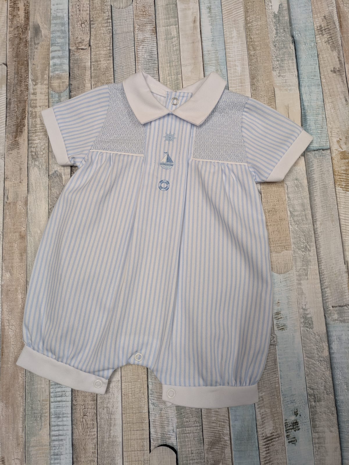 Nana's Special Buys Baby Boys Blue And White Stripe Boat Romper