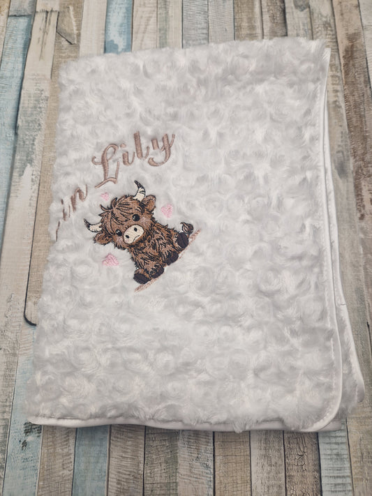 Personalised Baby Girls White Soft Rose Wrap Embroidered With Baby Highland Cow
