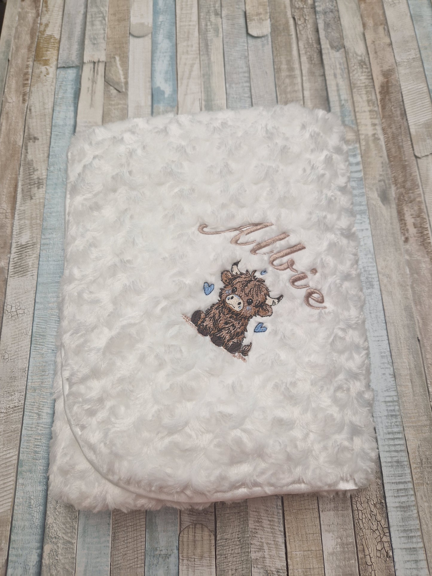 Personalised Baby Boys White Soft Rose Wrap Embroidered With Baby Highland Cow
