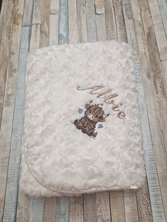 Personalised Baby Boys  White Soft Rose Wrap Embroidered With Baby Highland Cow
