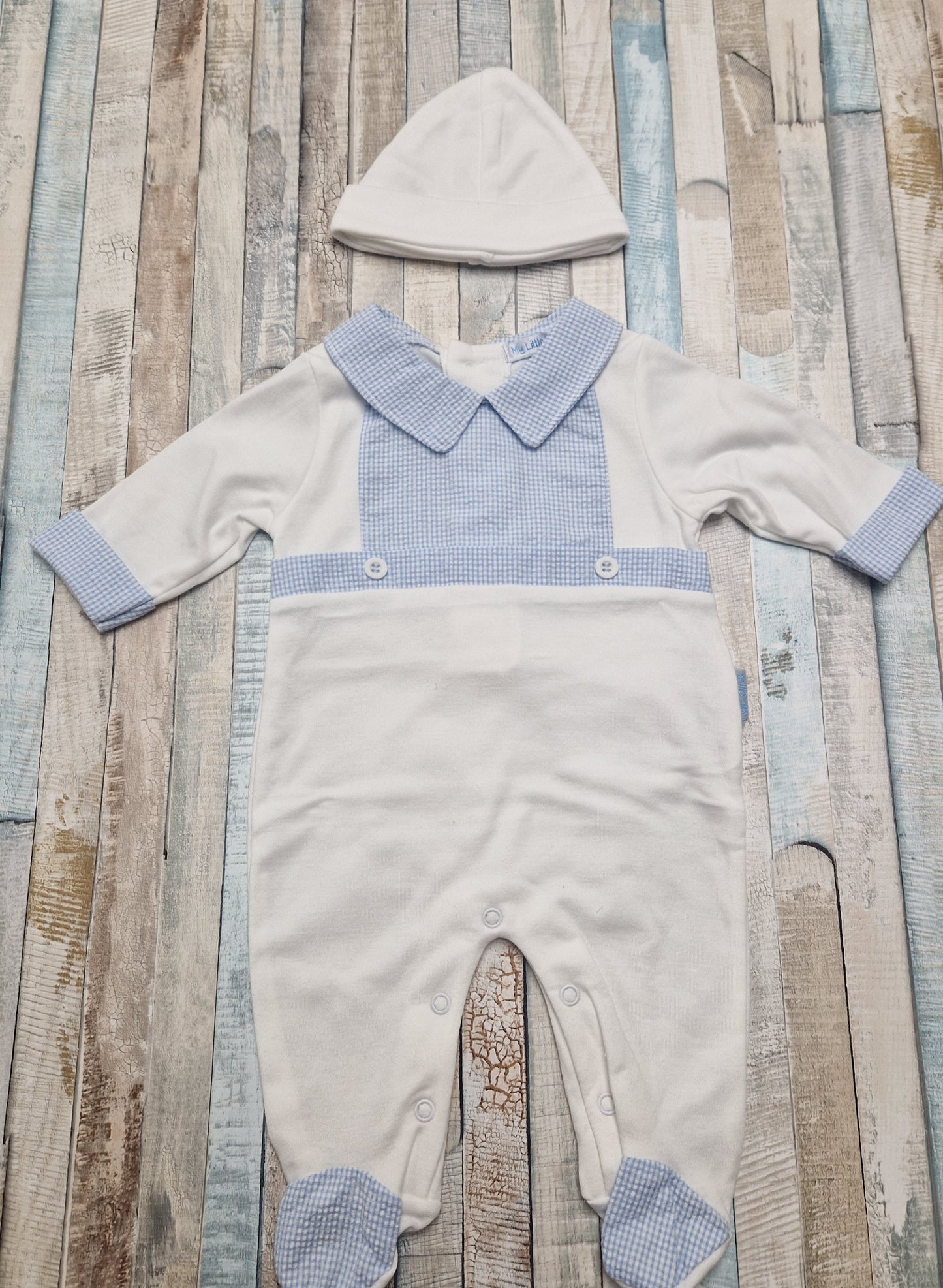 Baby Boys White And Blue Gingham Checked Babygro And Hat Set
