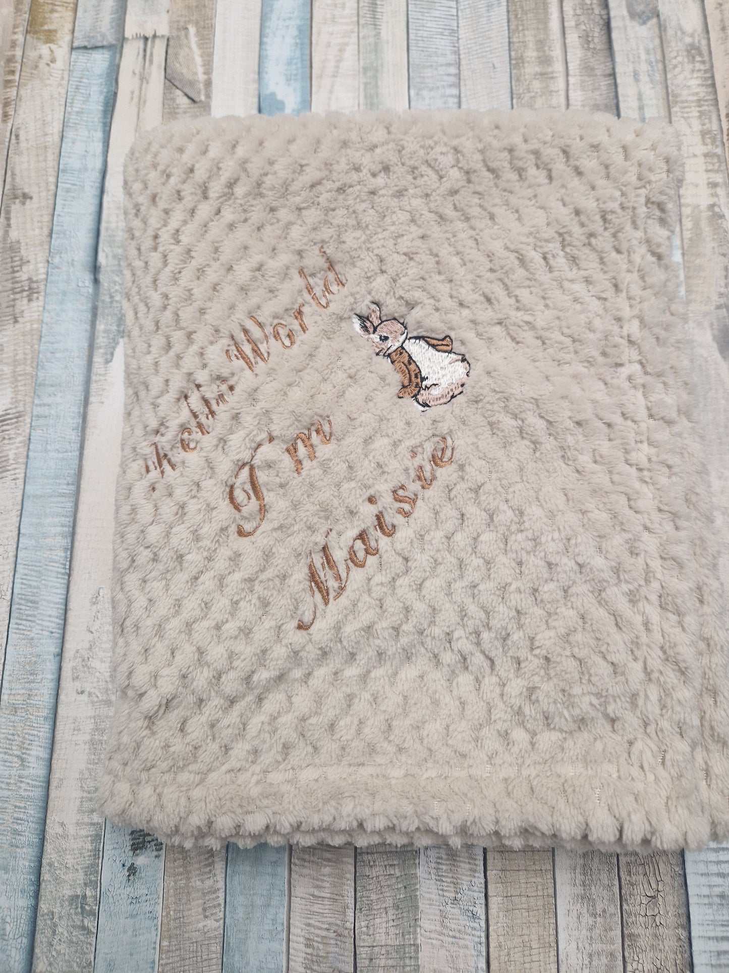 Personalised Hello World Taupe Waffle Blanket/Wrap With Embroidered Gold Rabbit Design