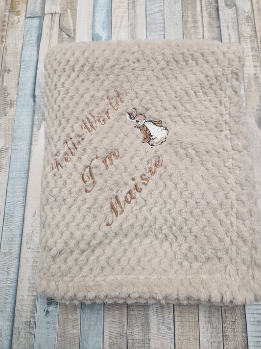 Personalised Hello World Taupe Waffle Blanket/Wrap With Embroidered Gold Rabbit Design
