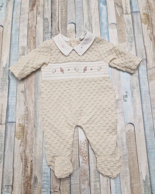 Baby Boys Beige Space Design Smocked Babygro