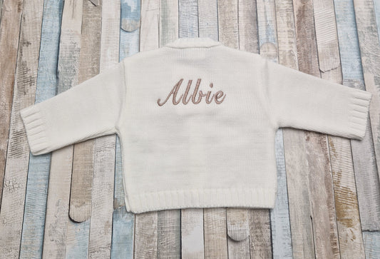 Personalised Baby White Cable  V Neck Cardigan