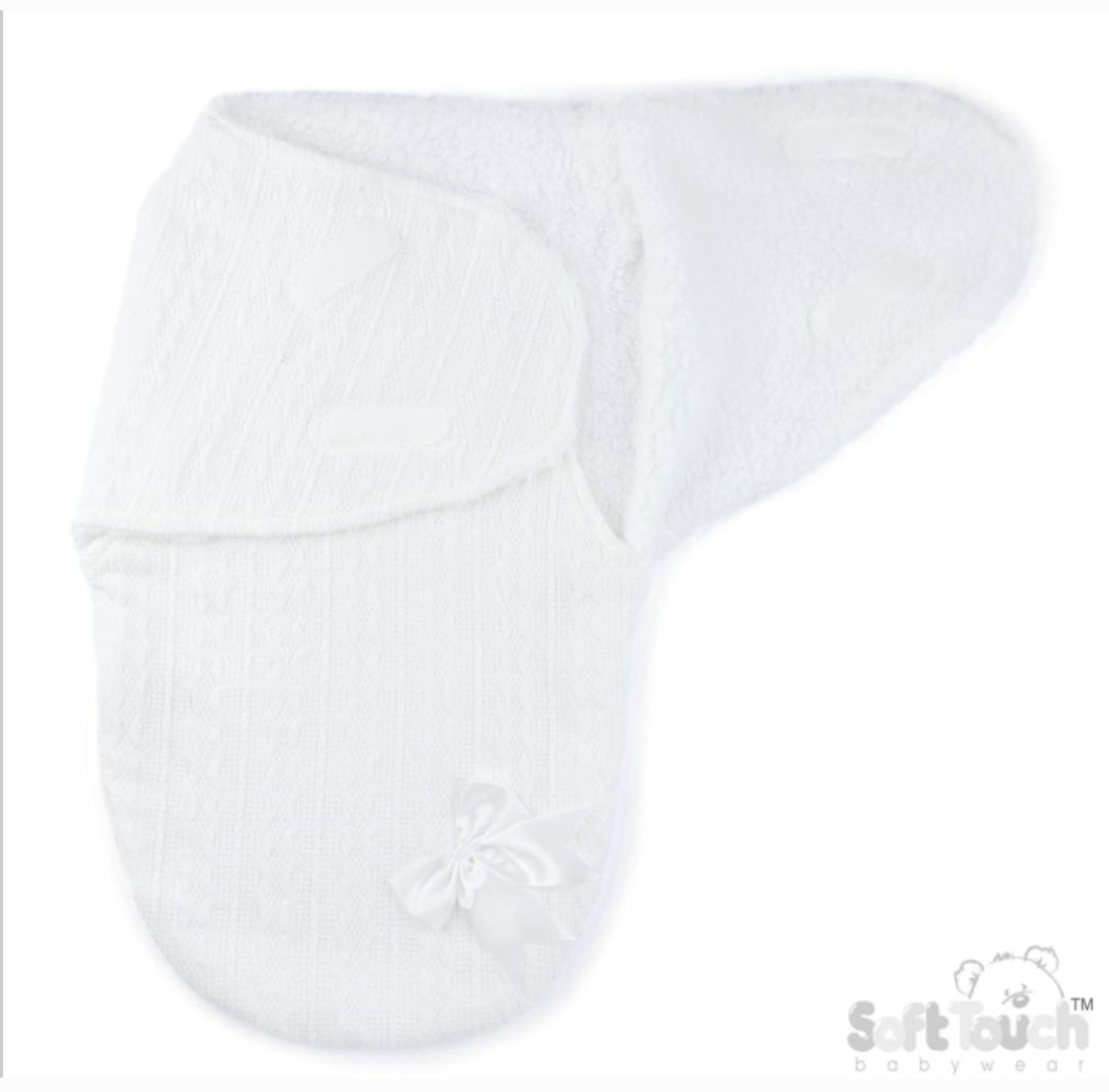 Unisex Baby White New Cable Style Swaddle With Satin Bow