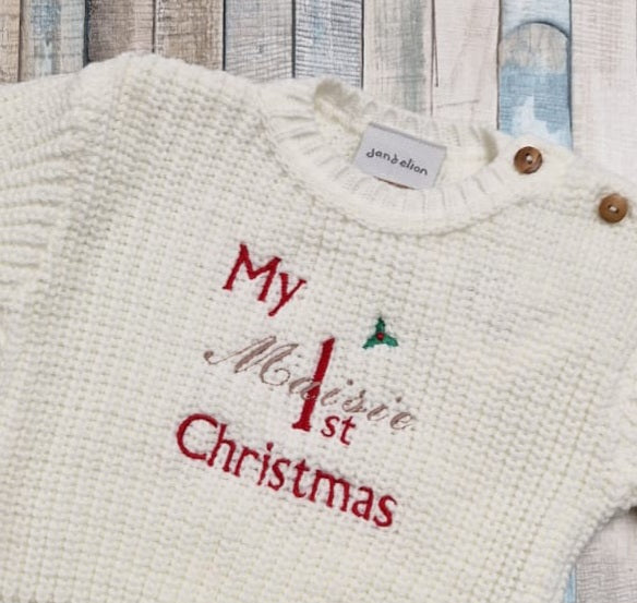 Baby 1st Christmas Personalised White Knitted Romper
