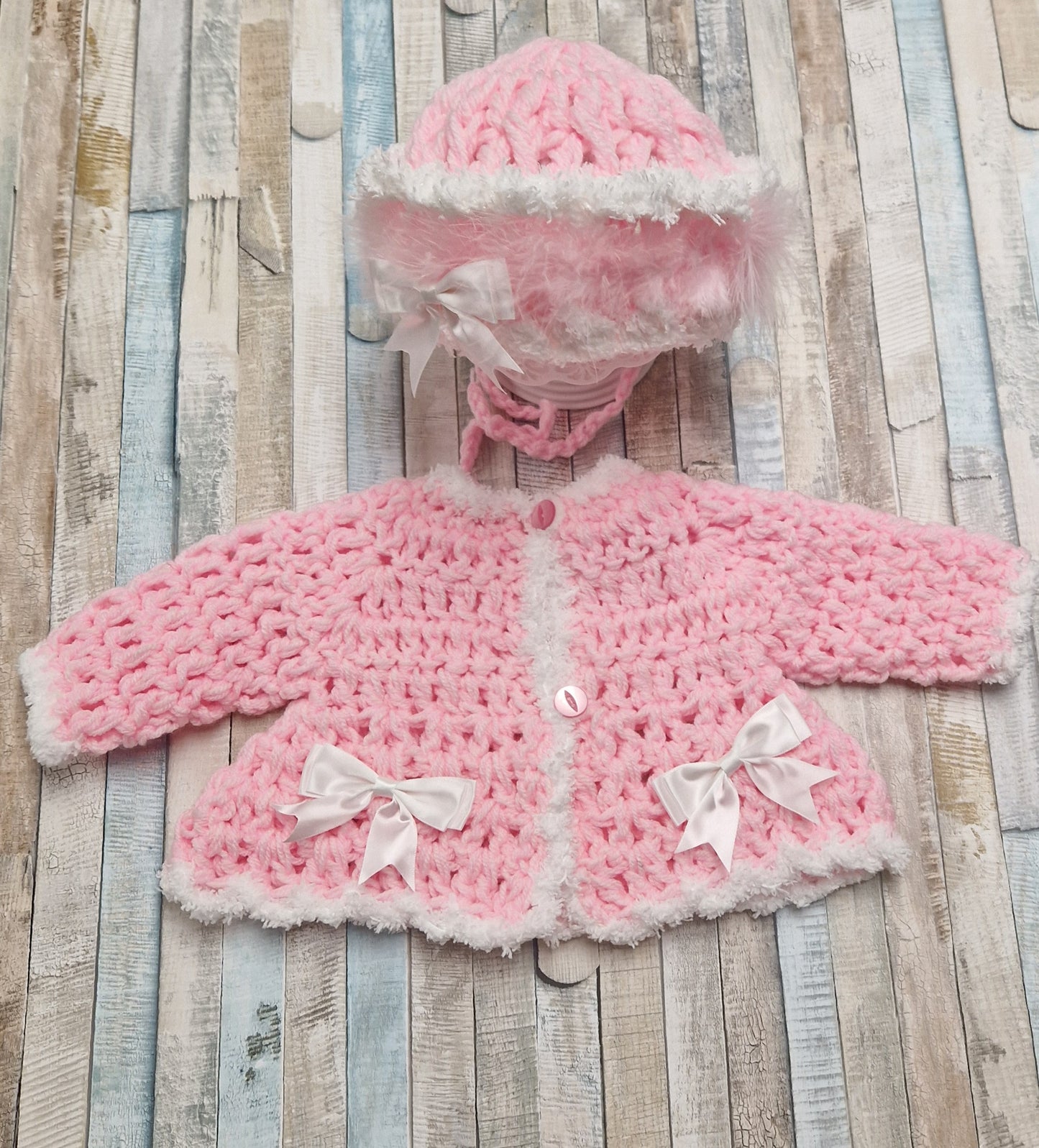 Baby Girls Hand Crochet Cardigan And Bonnet