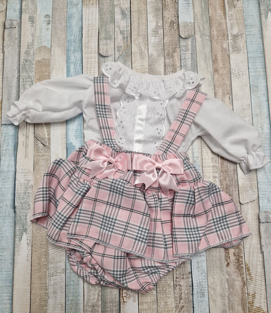 Baby Girls Pink And Grey Tartan Jam Pants With White Blouse