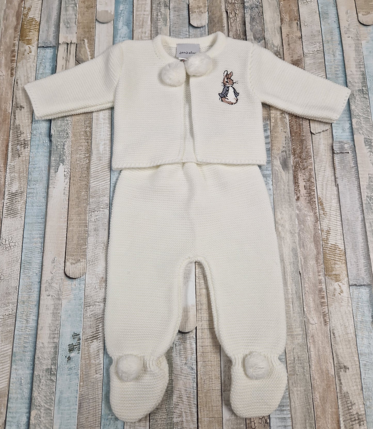 Unisex Baby White Knitted Pom Pom Set With Embroidered Rabbit Design