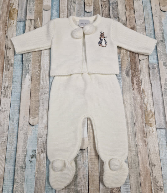 Unisex Baby White Knitted Pom Pom Set With Embroidered Rabbit Design