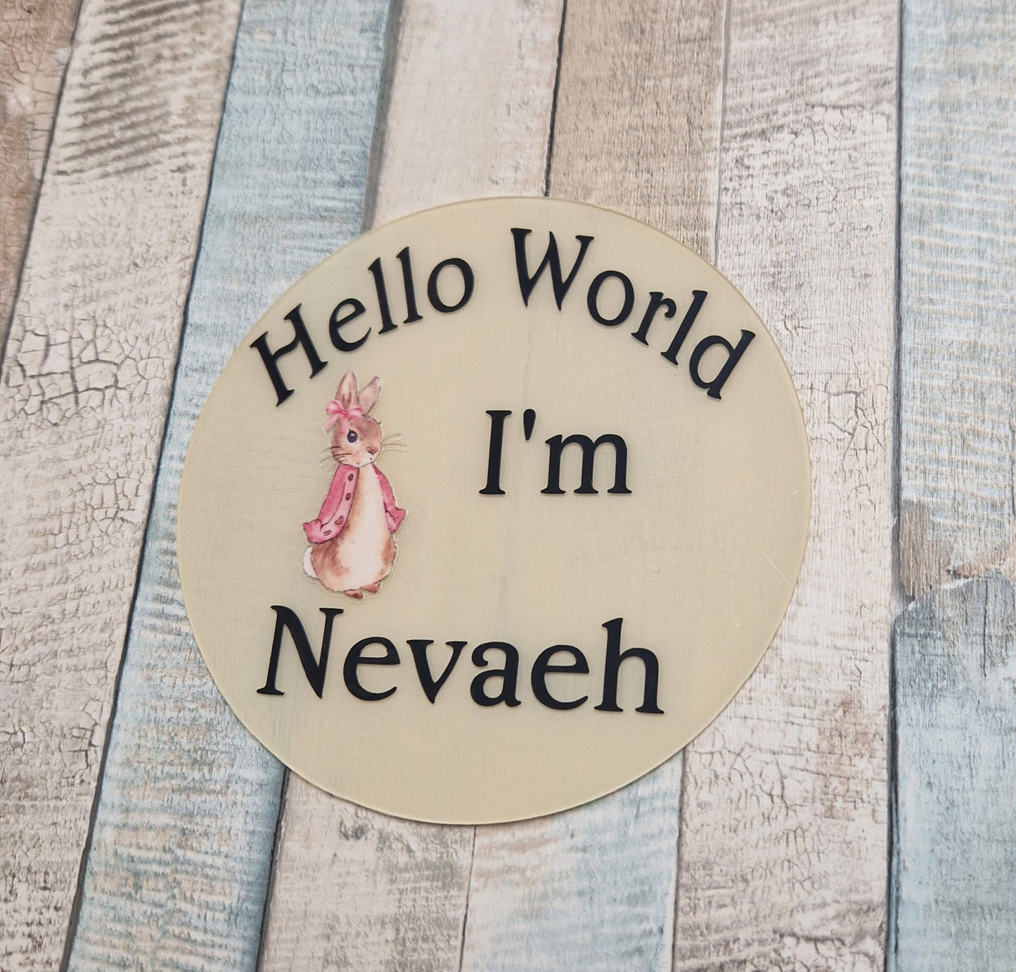 Personalised Hello World Pink Rabbit Announcement Disc
