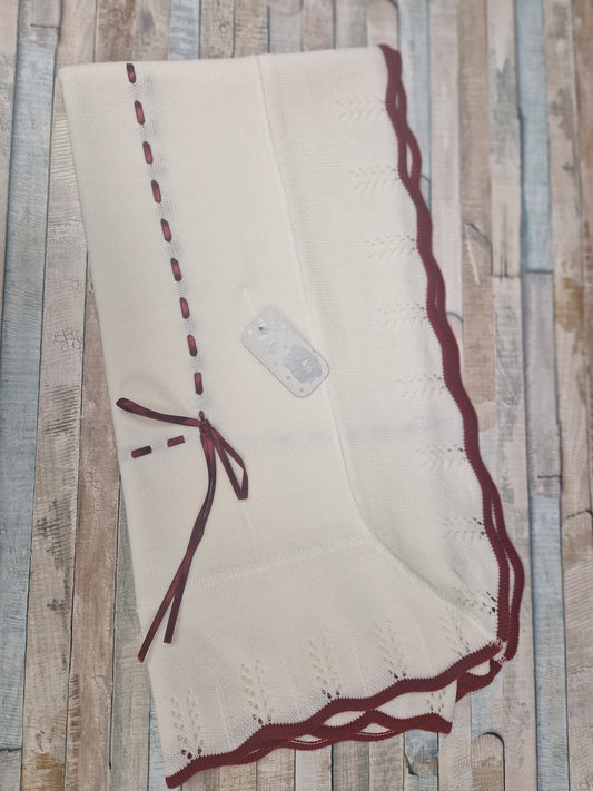 Unisex Baby White Knitted Shawl With Red Satin Ribbon Bow