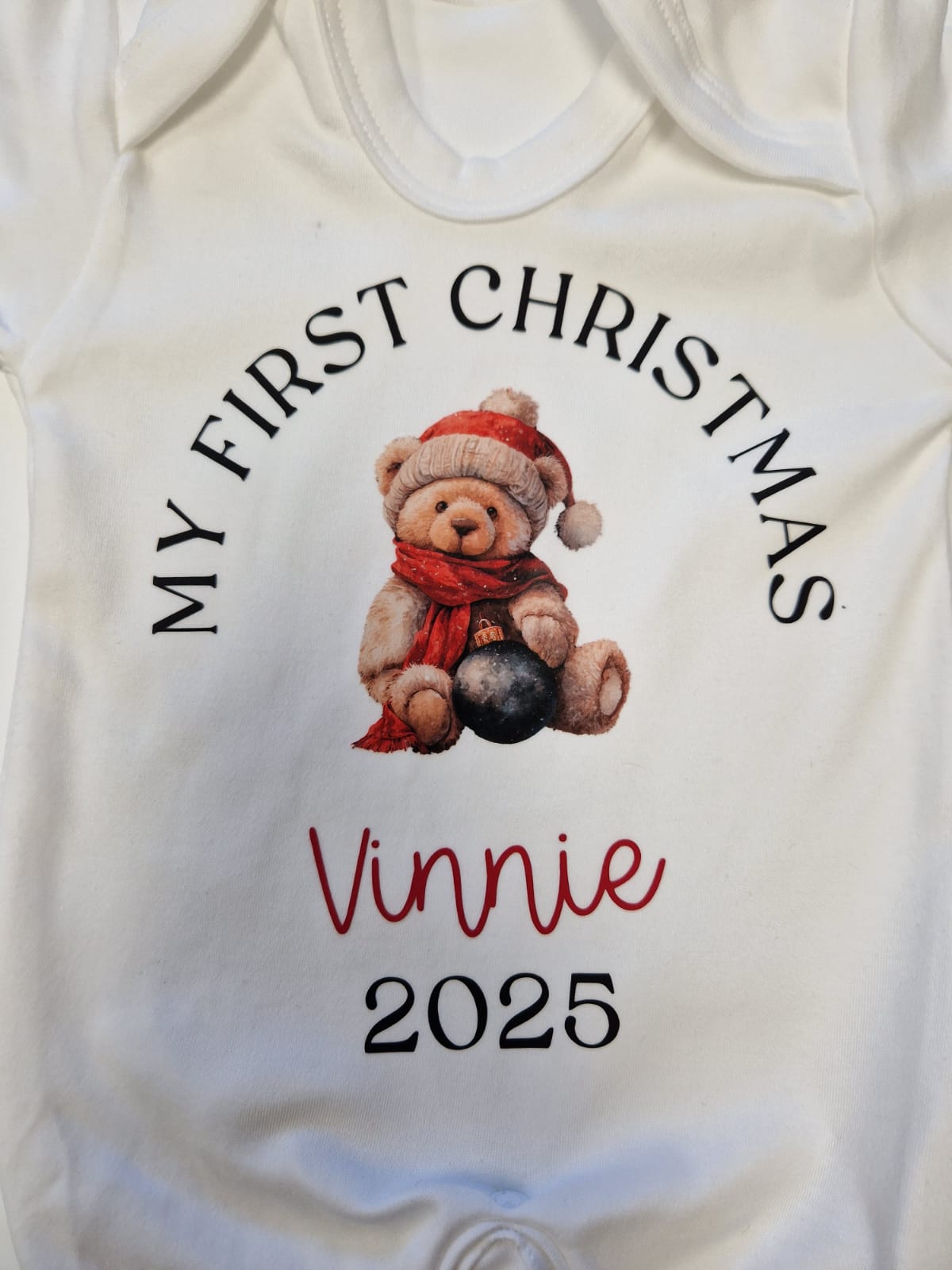 Unisex Baby 1st Christmas Personalised Teddy Printed Babygro