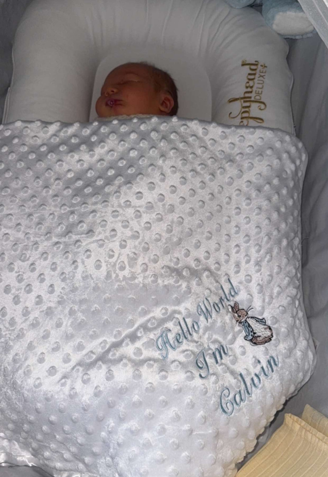 Personalised Hello World White Dimple Blanket/Wrap With Embroidered Blue Rabbit Design