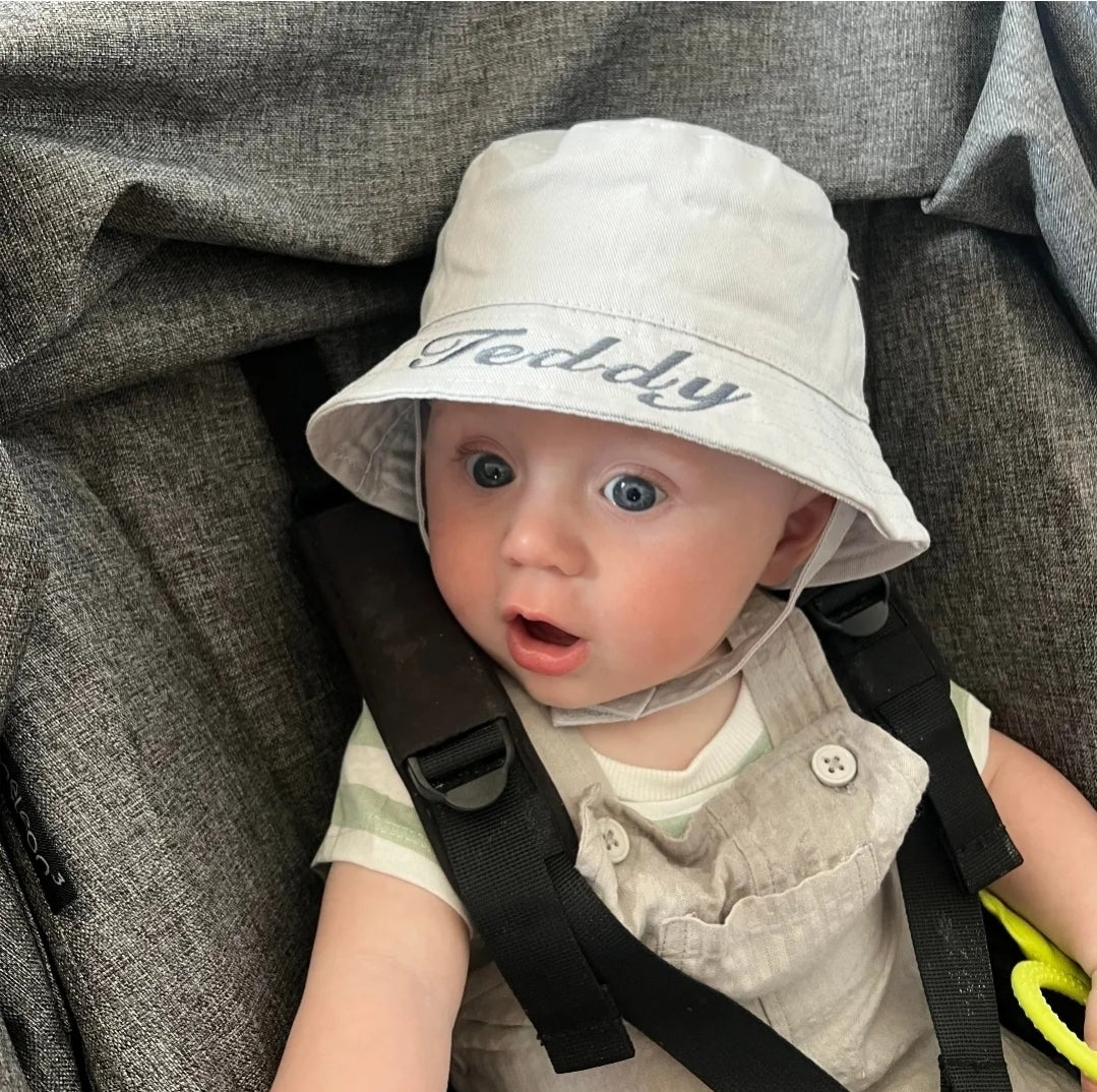 Baby Unisex Personalised Silver Bucket Hat With Chin Strap
