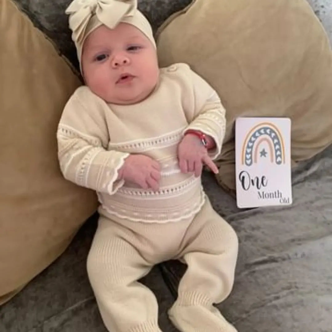 Baby Beige & White Knitted Pointelle Two Piece Set