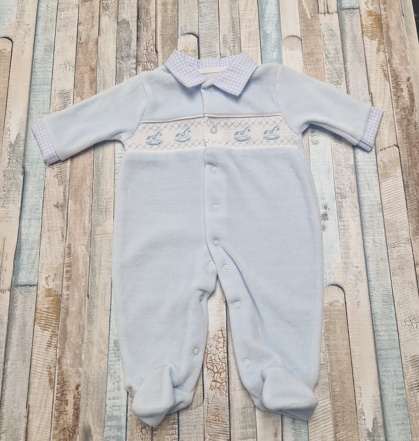 Nana's Special Buy Baby Boys Blue Velour Smocked Rocking Horse Babygro