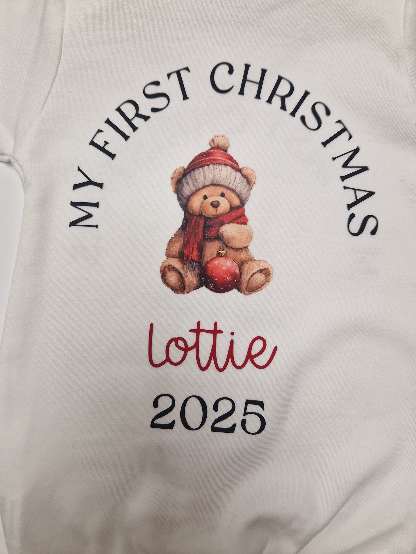 Unisex Baby 1st Christmas Personalised Teddy Printed Babygro