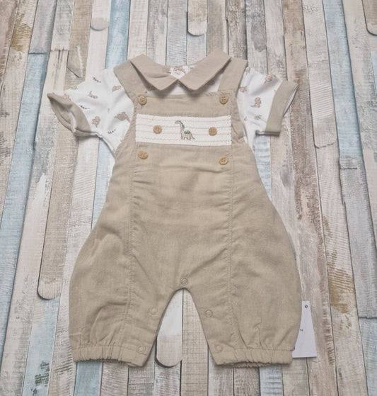Baby Boys Beige Smocked Dinosaur 2 Piece Dungaree Set