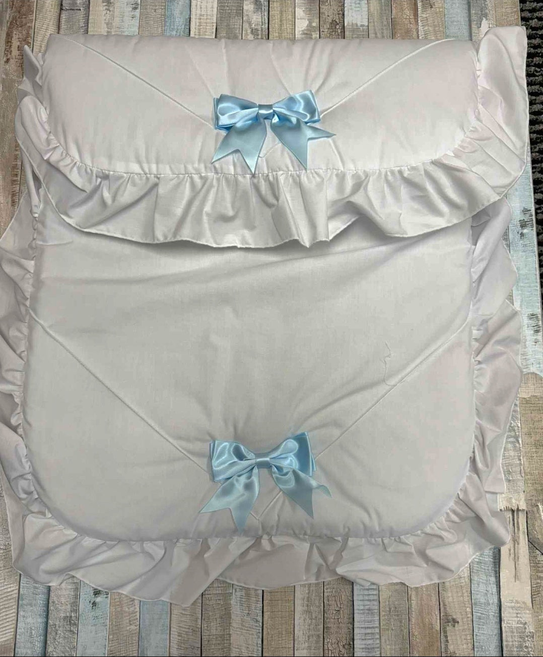 Baby Boys White Frill 2 Blue Satin Bow Pram Set
