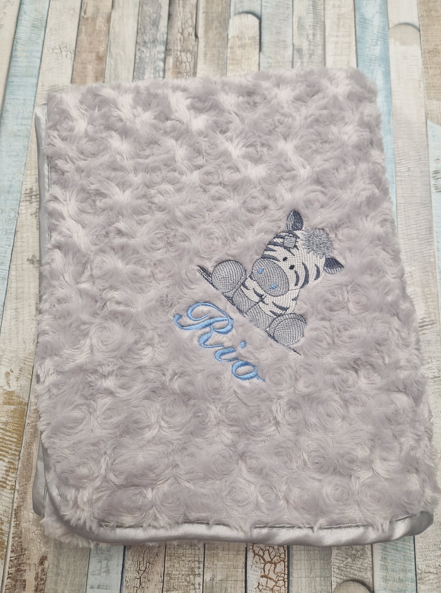 Baby Boys Personalised Blue Ziggy Zebra On Grey Soft Rose Wrap