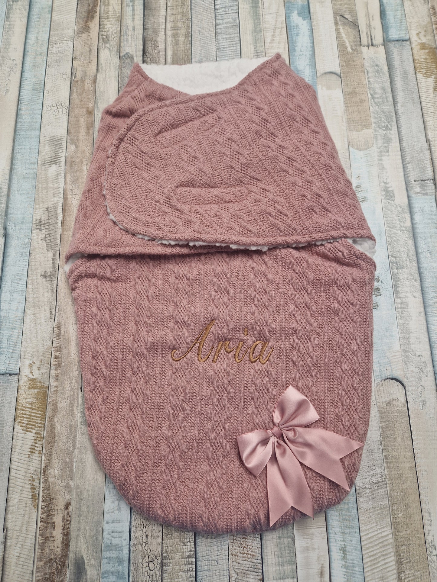 Personalised Baby Girls Dusky Pink New Cable Style Swaddle With Satin Bow