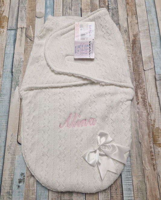 Personalised Unisex Baby White New Cable Style Swaddle With Satin Bow
