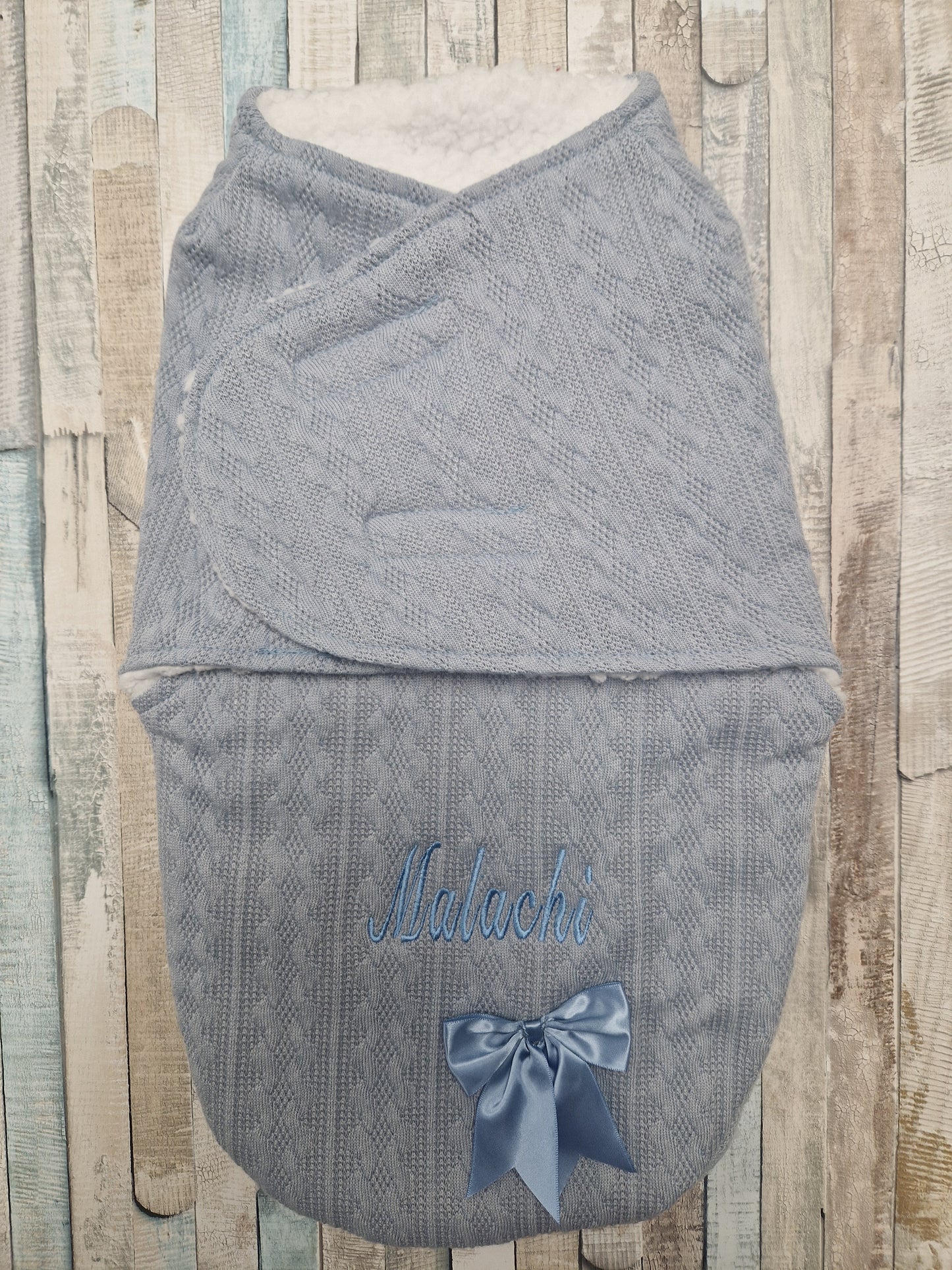 Personalised Baby Boys Dusky Blue New Cable Style Swaddle With Satin Bow