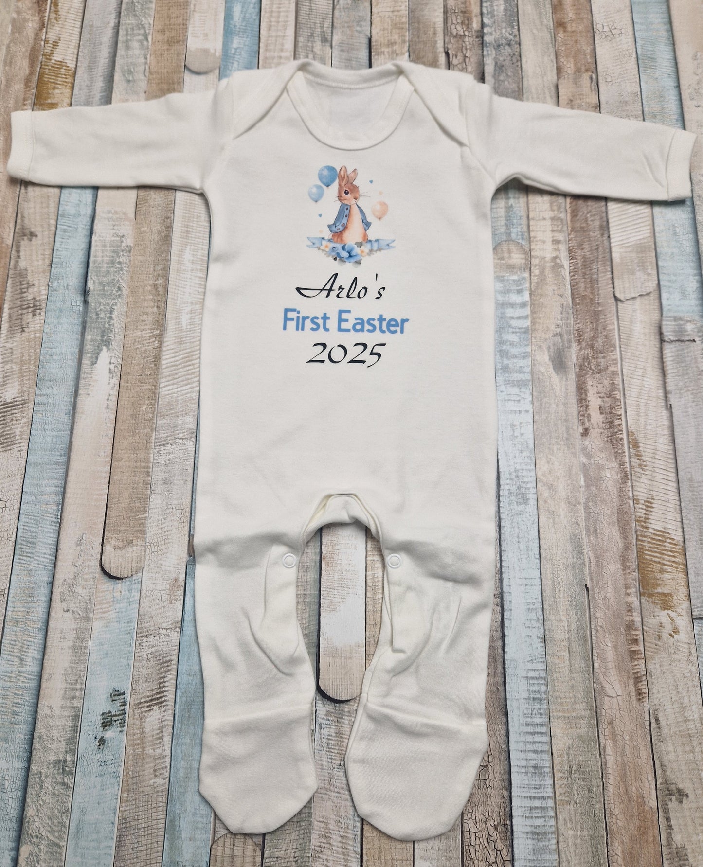 Baby Boys Newborn White Personalised First Easter Babygro With Printed Blue Rabbit