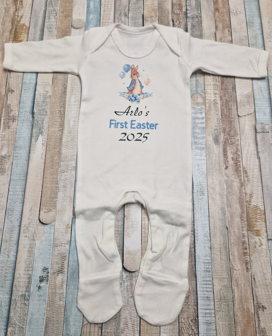 Baby Boys Newborn White Personalised First Easter Babygro With Printed Blue Rabbit