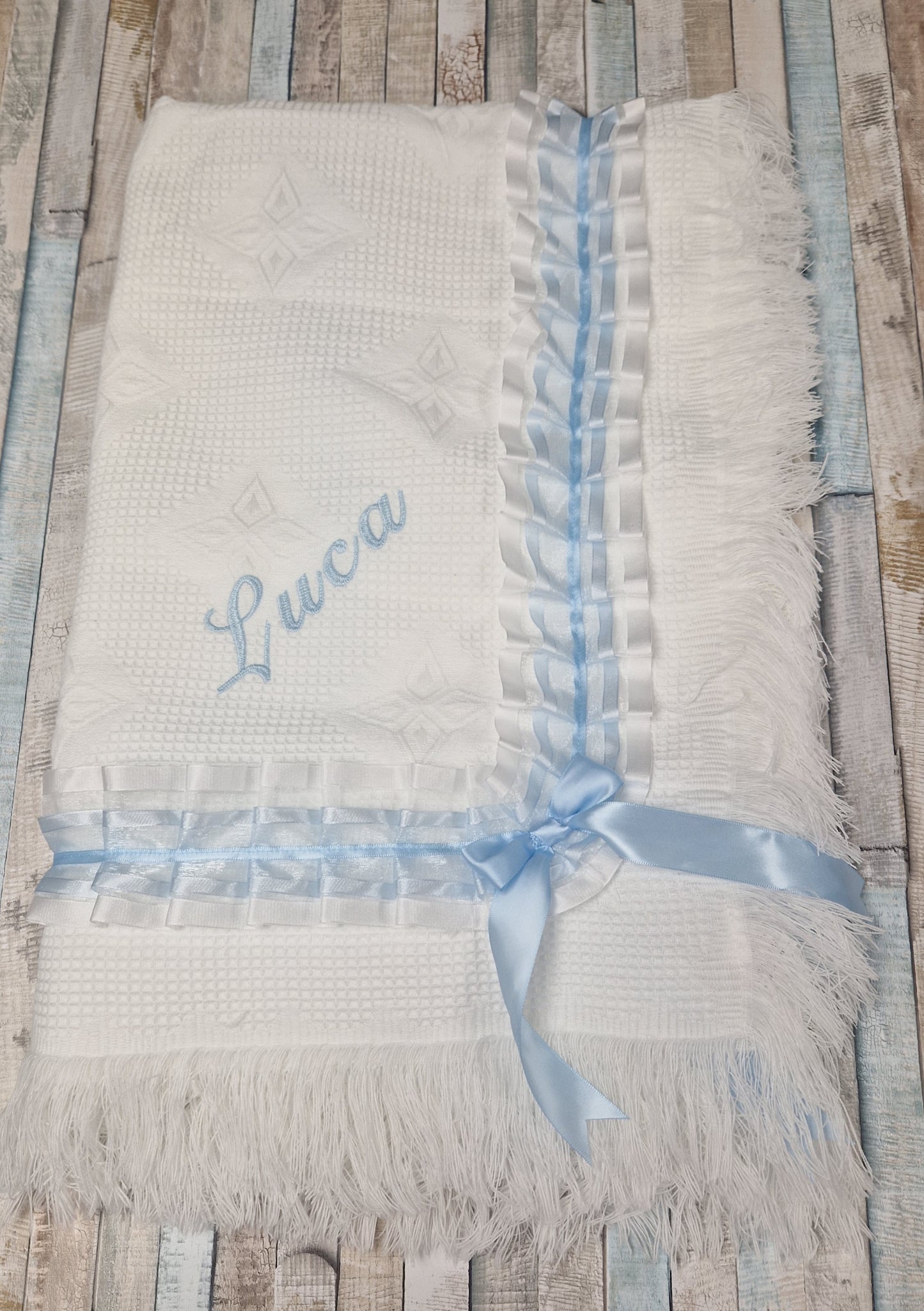 Baby Boys White & Blue Ruffle Lace Shawl