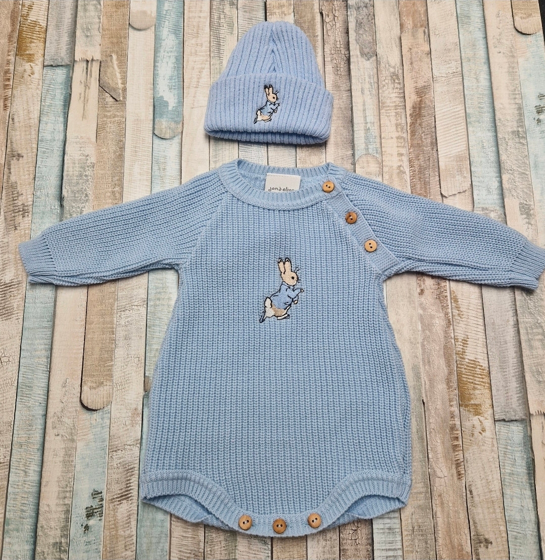 Baby Boys Blue Knitted Rabbit Romper And Beanie Hat