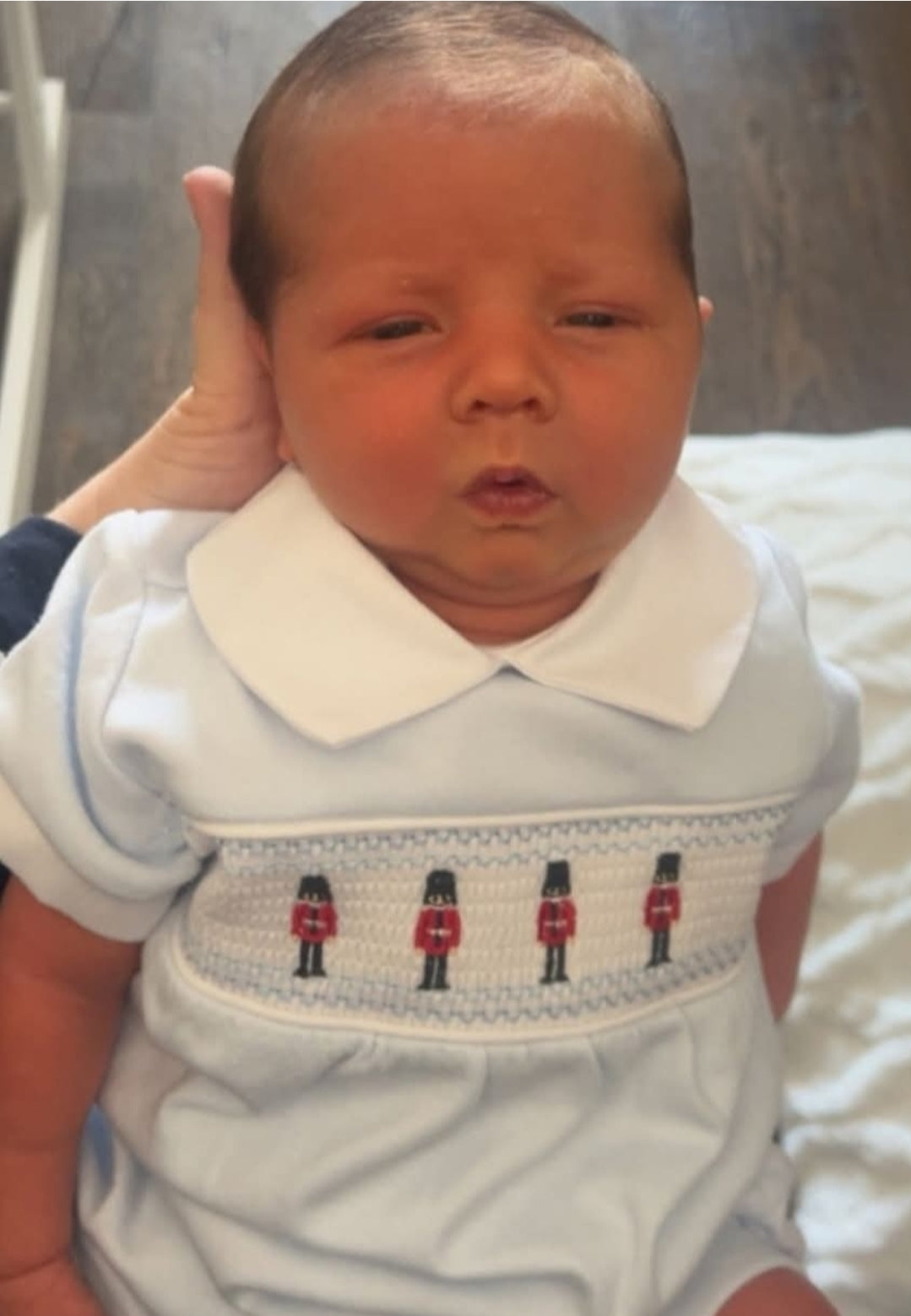 Baby Boys Blue And White Little Soldier Smocked Romper